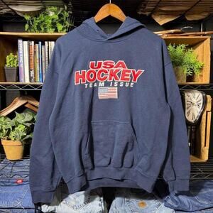 Vintage Y2K USA Hockey Hoodie Navy Blue American Flag Sweatshirt Mens Medium